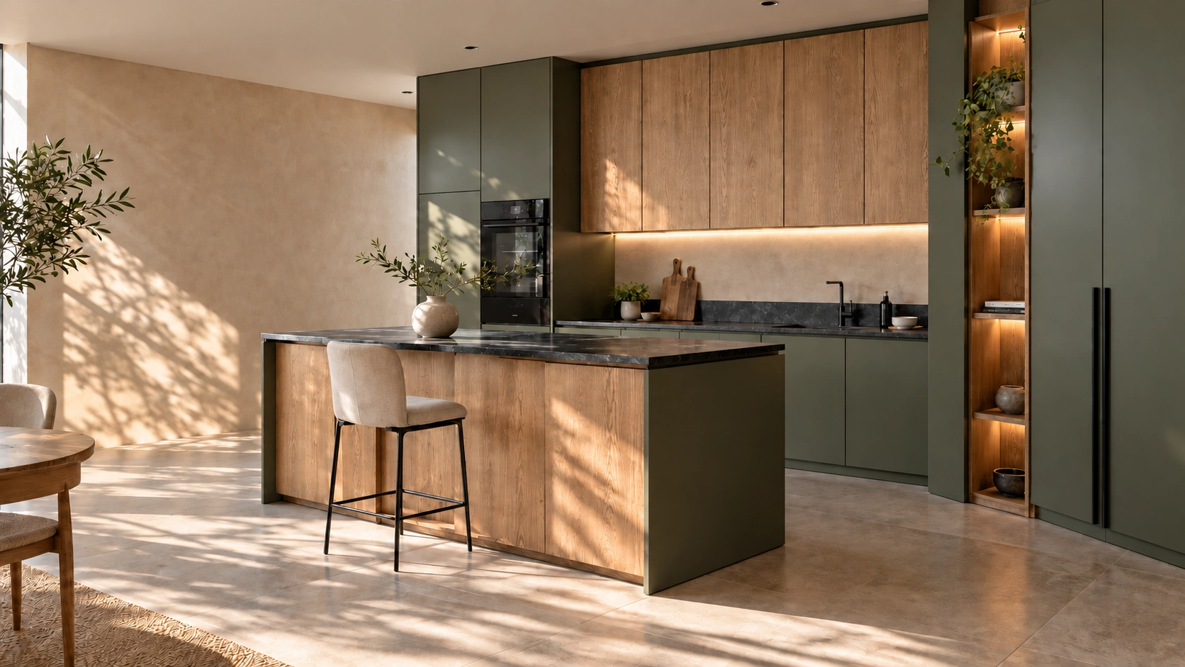 Cozinha editorial em madeira e verde